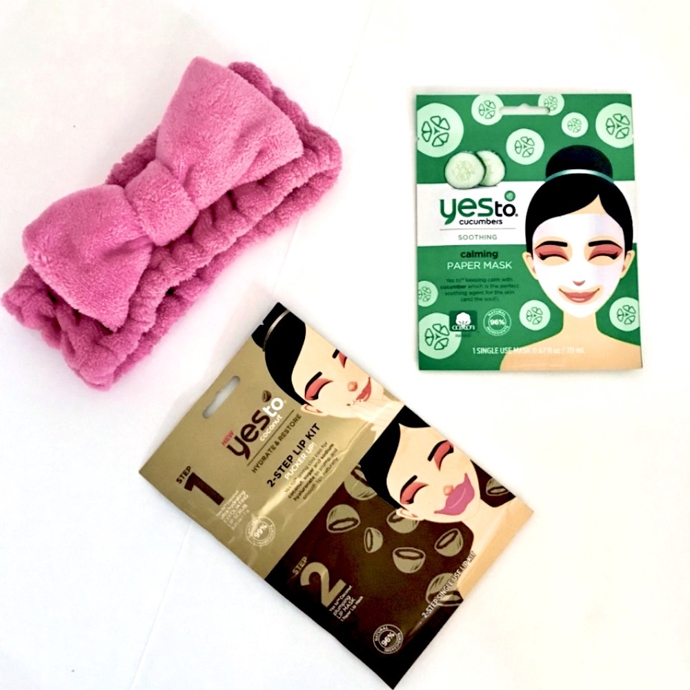 Home Spa Night- Bow Headband - Sheet Face Mask - Lip Scrub Mask Yes to Cucumbers